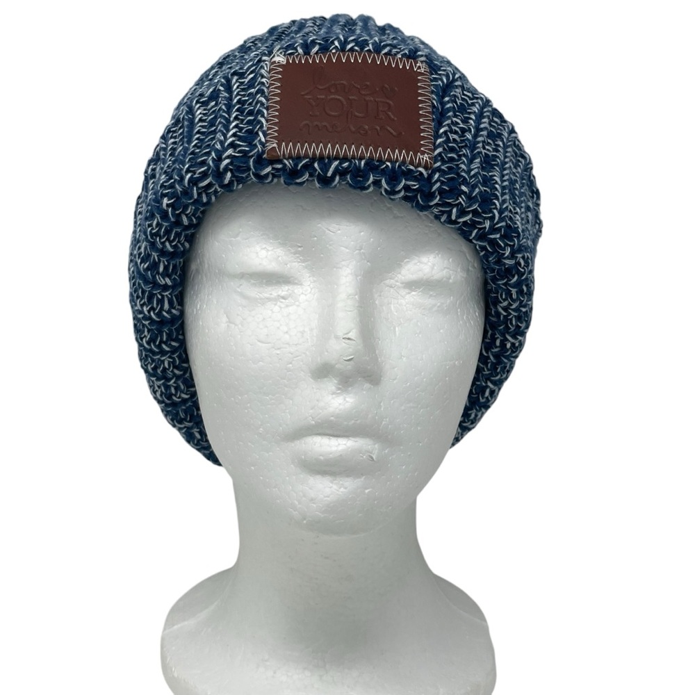 Love Your Melon | Blue White Knit Logo Beanie Hat